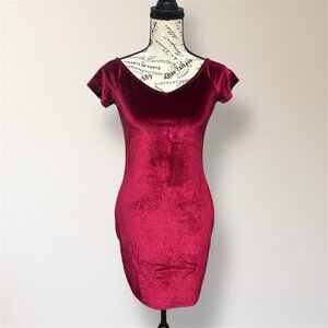 Shein S‎ Red Velvet V Neck Bodycon Mini Dress Short Sleeve Party Whimsigoth